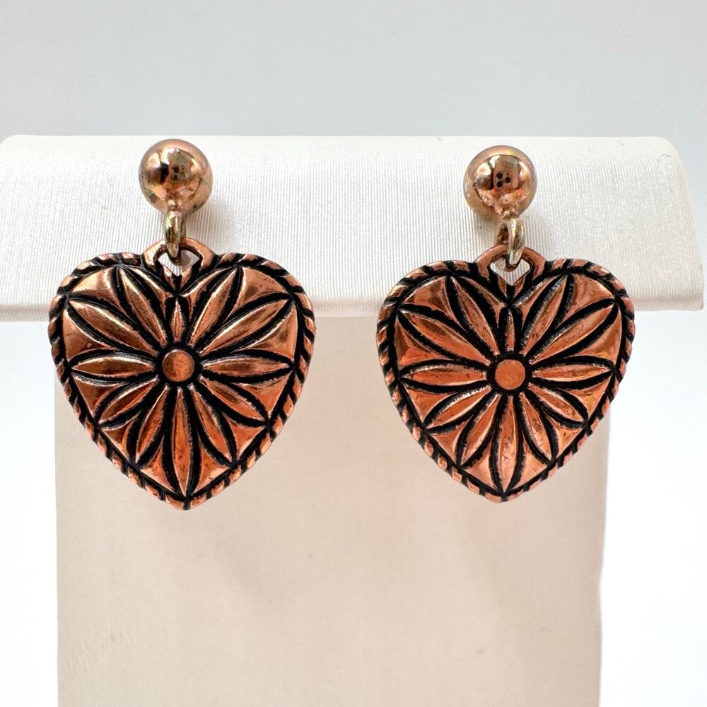 Wheeler Copper Heart Earrings Floral Sunburst Dainty Sweet Signed